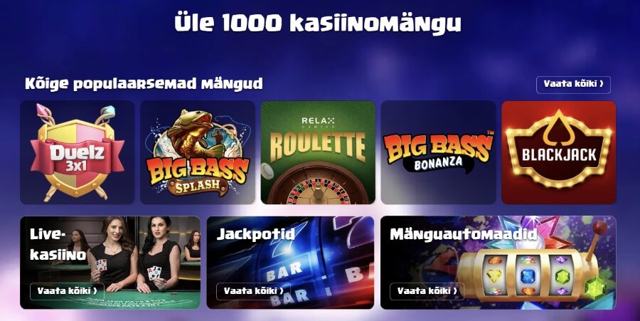 Duelz kasiino pakub mängijatele üle 1000 erineva kasiino mängu.