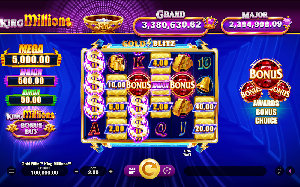 Kasiino mänguautomaat Gold Blitz™ King Millions™ ekraanipilt jackpotide ja boonussümbolitega